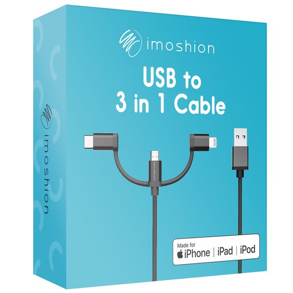 imoshion 3-in-1-Kabel - Lightning-, USB-C- und Micro-USB-Kabel - Geflochtenes Gewebe - 1,5 Meter - Schwarz