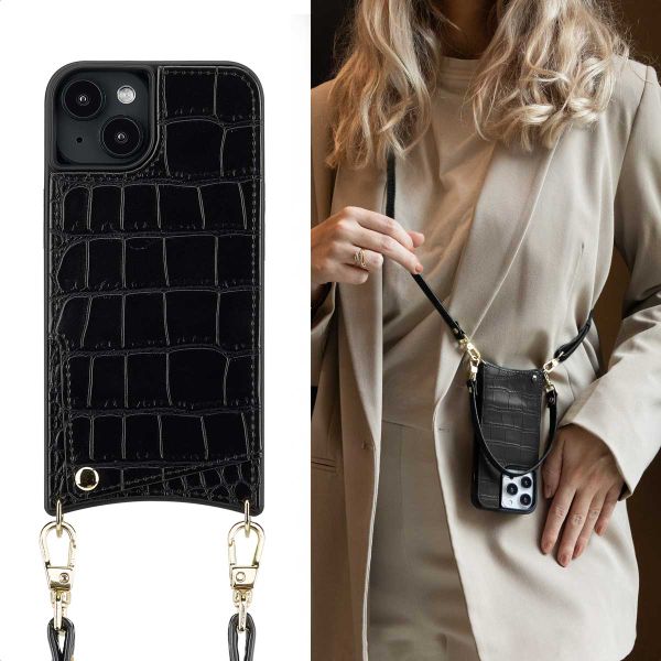 Selencia Nova Croco HandyHülle mit Kordel und Kartenhalter Apple iPhone 14 / 13 - Schwarz