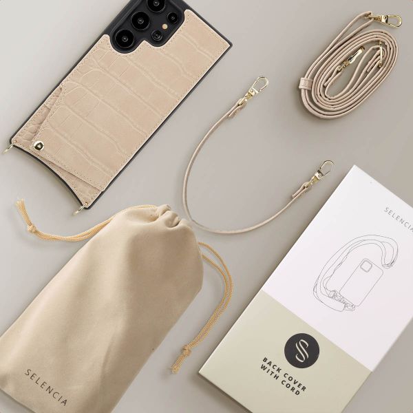 Selencia Nova Croco HandyHülle mit Kordel und Kartenhalter Samsung Galaxy S24 Ultra - Beige