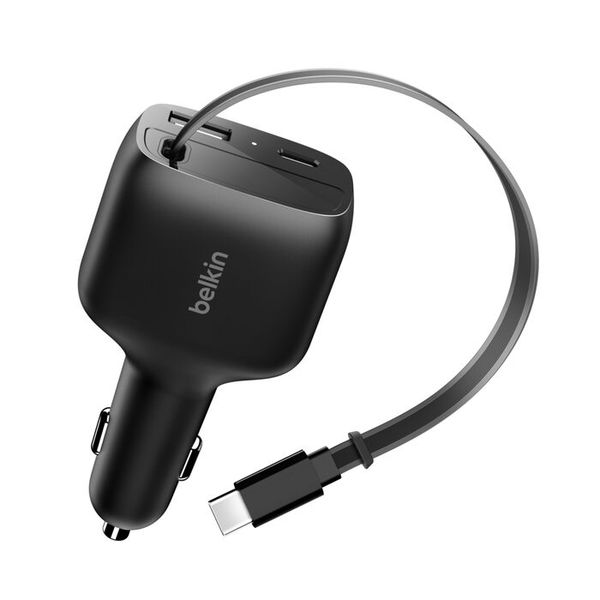 Belkin BoostCharge Autoladegerät mit ausziehbarem Kabel USB-C/USB-A 75 W - Schwarz