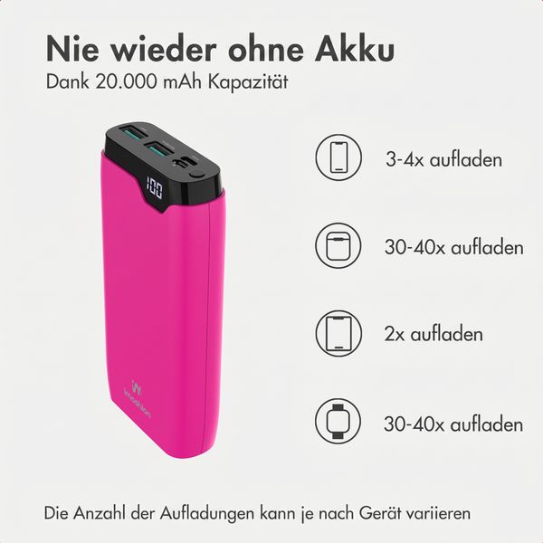 imoshion Powerbank 20.000 mAh - 22,5W Schnellladegerät - USB-C / USB-A - Hot Pink