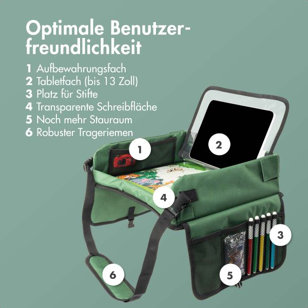 imoshion Reisetisch - Tablethalter Auto - 7 Aufbewahrungsfächer - Inklusive 2 Malvorlagen - Grün