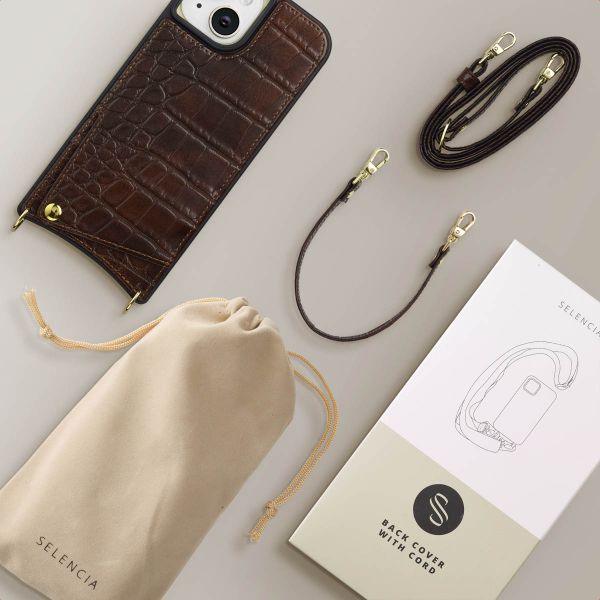 Selencia Nova Croco HandyHülle mit Kordel und Kartenhalter Apple iPhone 15 - Choco Brown