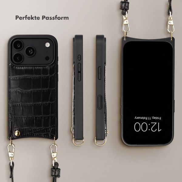 Selencia Nova Croco HandyHülle mit Kordel und Kartenhalter Apple iPhone 18 Pro / 17 Pro - Schwarz