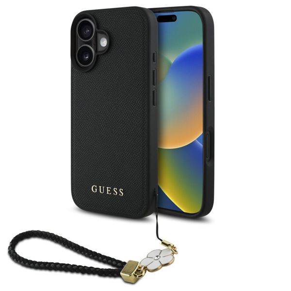 Guess Grained Back Cover MagSafe mit Flower Charm Strap für das iPhone 16 - Schwarz