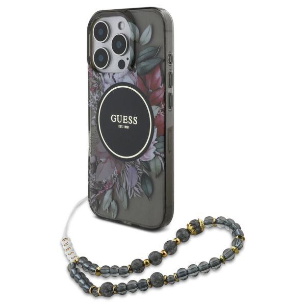 Guess MagSafe IML Flowers Case mit Beads Strap Apple iPhone 15 Pro Max - Schwarz