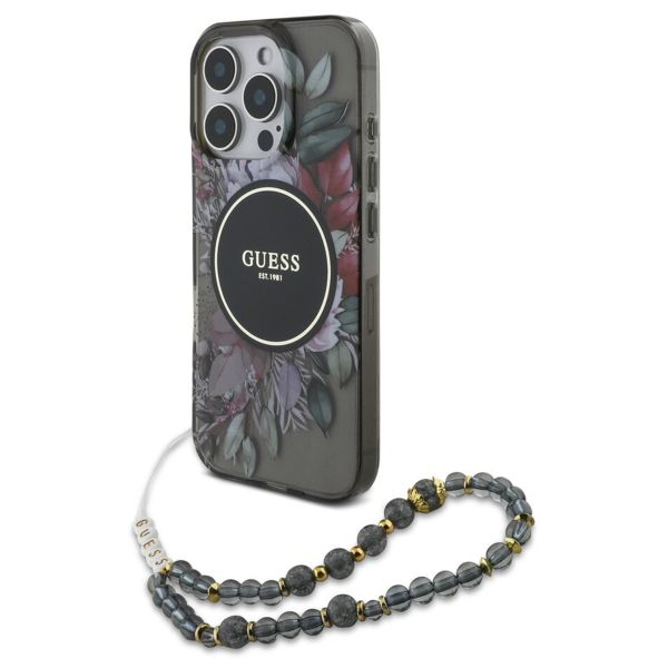 Guess MagSafe IML Flowers Case mit Beads Strap für das iPhone 15 Pro Max - Black