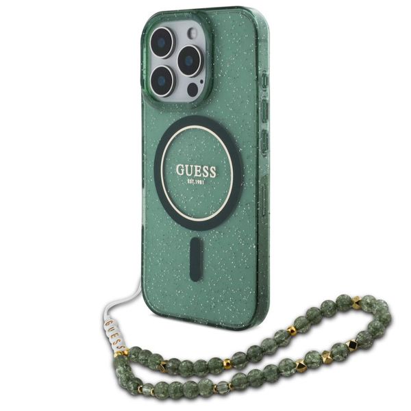 Guess MagSafe IML Glitter Case mit Beads Strap für das iPhone 16 Pro - Green