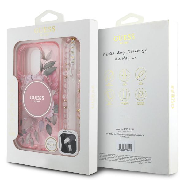 Guess MagSafe IML Flowers Case mit Beads Strap für das iPhone 16 Pro Max - Pink