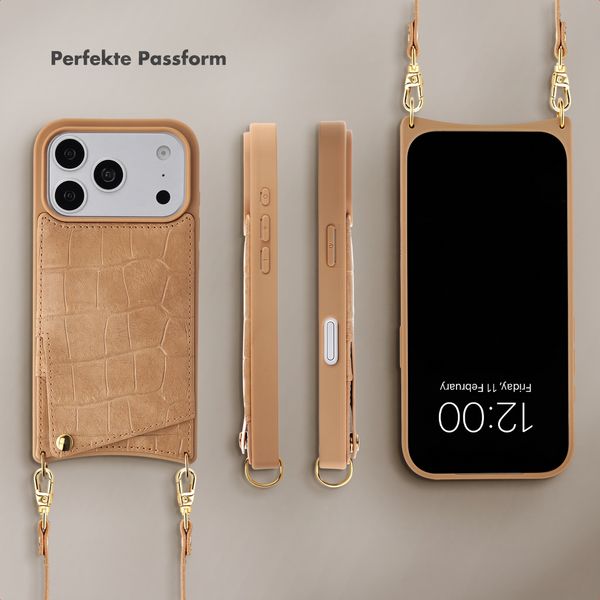 Selencia Nova Croco HandyHülle mit Kordel und Kartenhalter Apple iPhone 18 Pro Max / 17 Pro Max - Toasted Almond