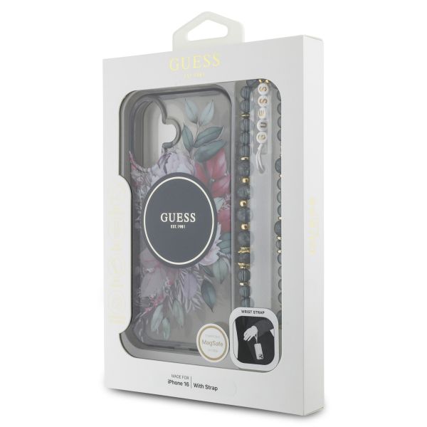 Guess MagSafe IML Flowers Case mit Beads Strap Apple iPhone 16 - Schwarz