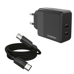 imoshion Wandladegerät - Netzteil - 2x USB-C 40 W + geflochtenes USB-C-zu-USB-C-Kabel 100 W - 1 Meter - Schwarz