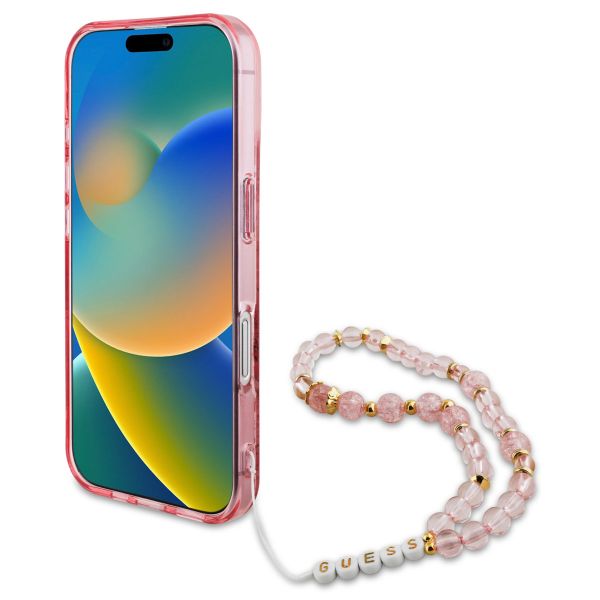 Guess MagSafe IML Flowers Case mit Beads Strap für das iPhone 16 - Pink