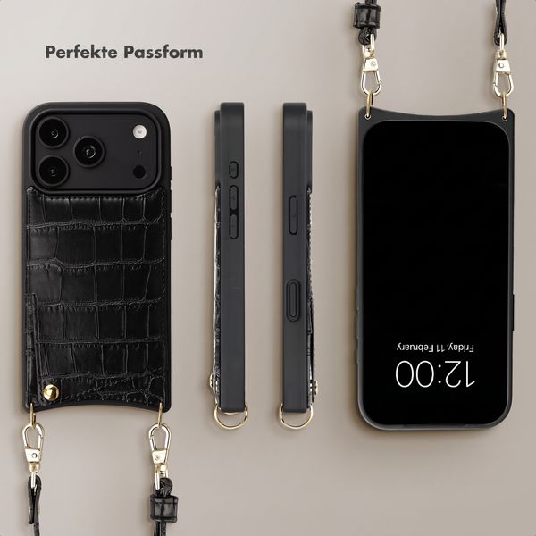 Selencia Nova Croco HandyHülle mit Kordel und Kartenhalter Apple iPhone 18 Pro Max / 17 Pro Max - Schwarz