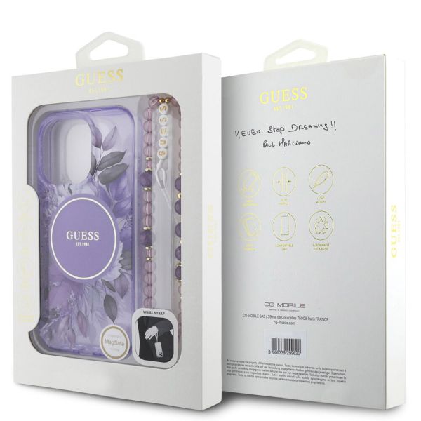Guess MagSafe IML Flowers Case mit Beads Strap Apple iPhone 15 Pro Max - Purple