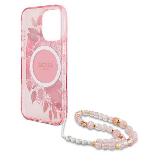 Guess MagSafe IML Flowers Case mit Beads Strap für das iPhone 16 Pro Max - Pink