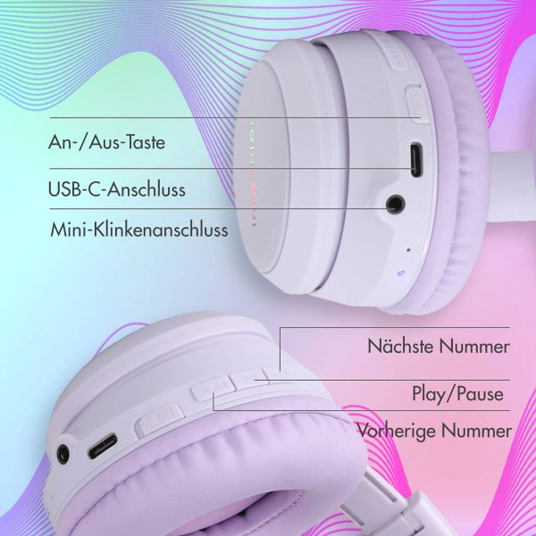 imoshion Kids LED Light Cat Ear Bluetooth-Kopfhörer - Kinderkopfhörer - Kabelloser Kopfhörer + AUX-Kabel - Lavender Lilac