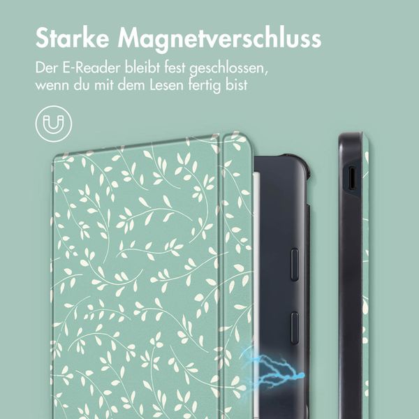 imoshion Design Slim Hard Case Sleepcover mit Stand Kobo Libra Colour - Smoke Green Flowers