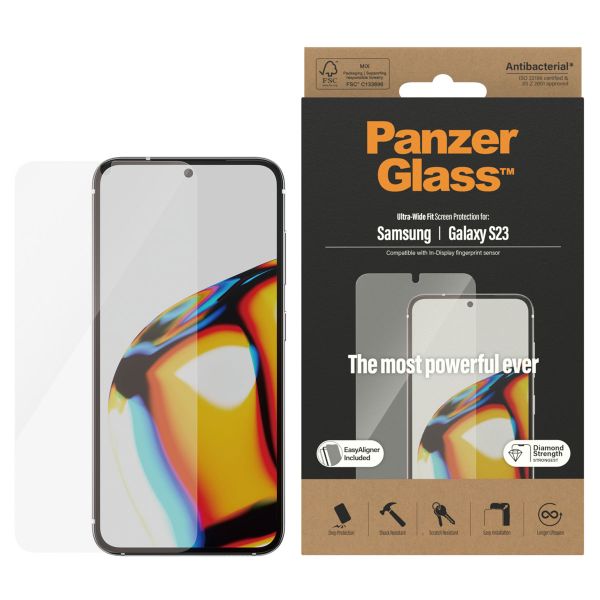 PanzerGlass Ultra-Wide Fit Antibakterieller Displayschutz mit Applikator für das Samsung Galaxy S23 - Schwarz