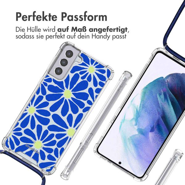 imoshion Design Hülle mit Band für das Samsung Galaxy S21 Plus - Cobalt Blue Flowers Connect