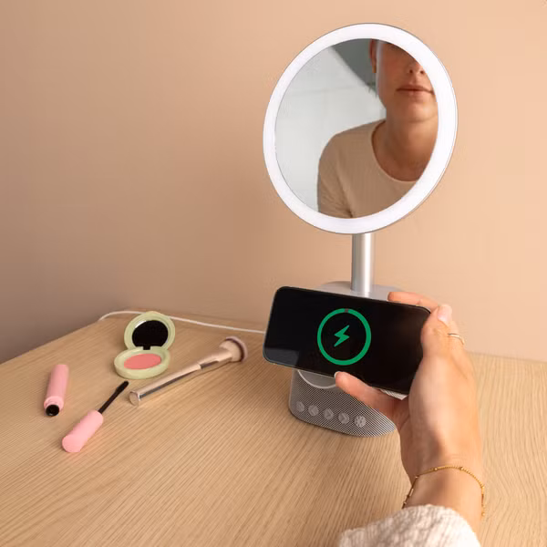 imoshion Make-up-Spiegel mit Bluetooth-Lautsprecher und kabellosem Ladegerät - Silber