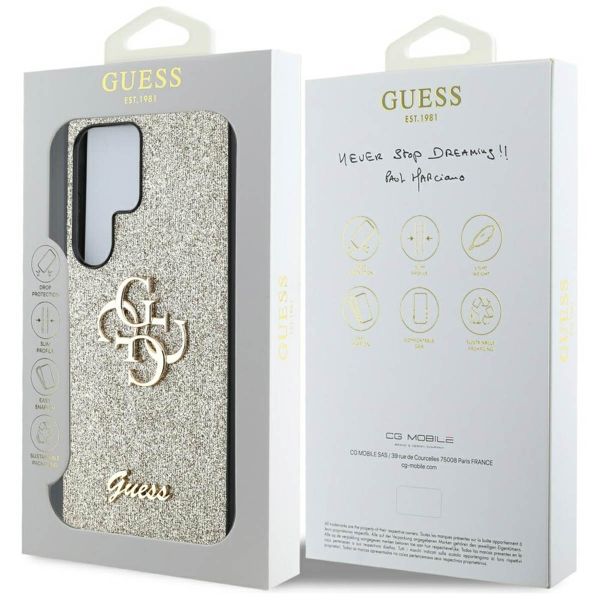 Guess 4G Metal Logo Back Cover mit Glitter Samsung Galaxy S25 Ultra - Gold