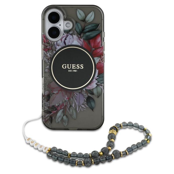 Guess MagSafe IML Flowers Case mit Beads Strap für das iPhone 16 - Black