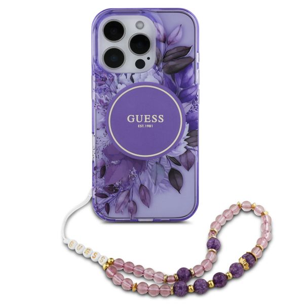 Guess MagSafe IML Flowers Case mit Beads Strap für das iPhone 15 Pro - Purple