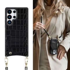 Selencia Nova Croco HandyHülle mit Kordel und Kartenhalter Samsung Galaxy S25 Ultra - Schwarz