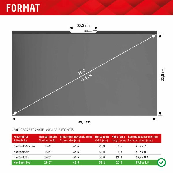 Displex Privacy Safe magnetische Bildschirmschutz für Apple MacBook Pro 16.2 Zoll
