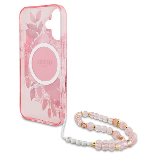 Guess MagSafe IML Flowers Case mit Beads Strap für das iPhone 16 - Pink