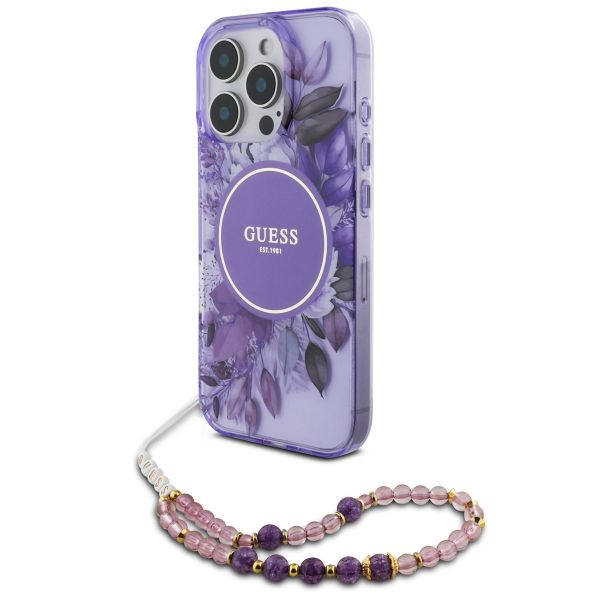 Guess MagSafe IML Flowers Case mit Beads Strap für das iPhone 16 Pro Max - Purple