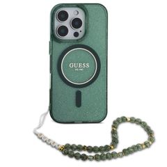 Guess MagSafe IML Glitter Case mit Beads Strap Apple iPhone 16 Pro - Green