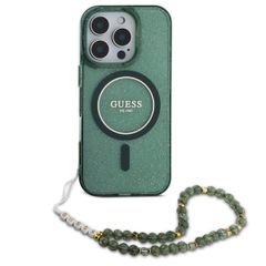 Guess MagSafe IML Glitter Case mit Beads Strap für das iPhone 16 Pro - Green