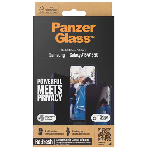 PanzerGlass Ultra Wide Fit Antibakterieller Screen Protector mit Sichtschutz inkl. Applikator für das Samsung Galaxy A15 (5G)