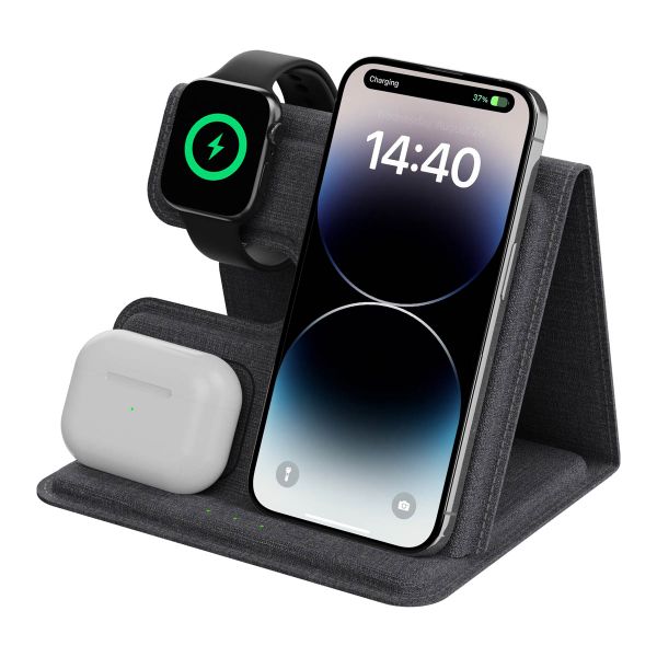 imoshion 3-in-1 Faltbares kabelloses Ladegerät für Apple | iPhone + AirPods + Apple Watch – Grau