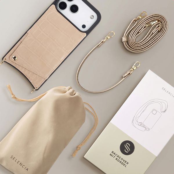 Selencia Nova Croco HandyHülle mit Kordel und Kartenhalter Apple iPhone 18 Pro Max / 17 Pro Max - Beige