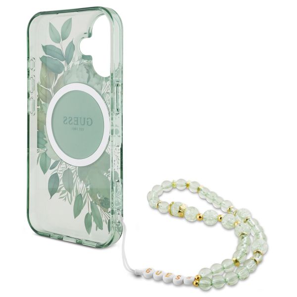 Guess MagSafe IML Flowers Case mit Beads Strap für das iPhone 16 - Green