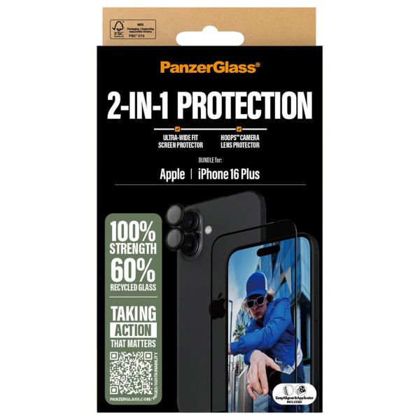 PanzerGlass 2-in-1 pack - Ultra-Wide Fit Anti-Bacterial Displayschutz incl. applicator + Camera Protector für das iPhone 16 Plus