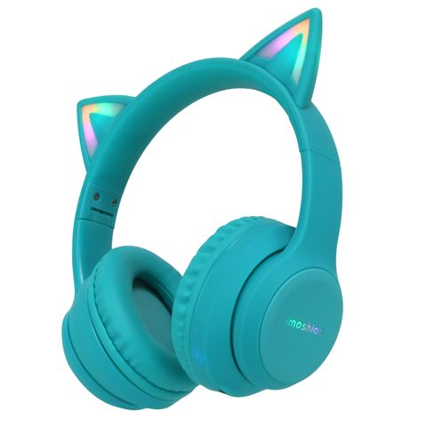 imoshion Kids LED Light Cat Ear Bluetooth-Kopfhörer - Kinderkopfhörer - Kabelloser Kopfhörer + AUX-Kabel - Hellblau