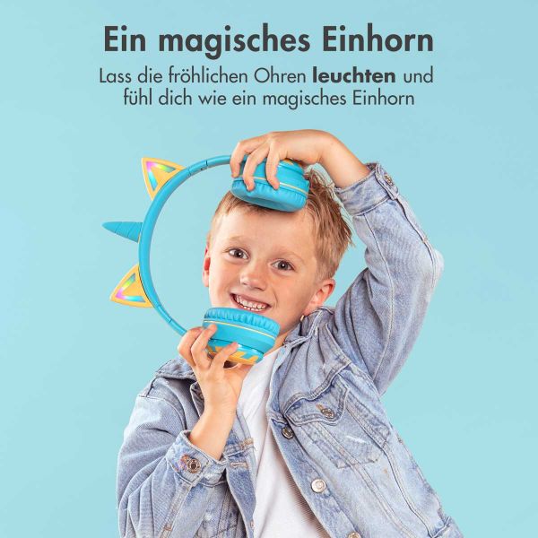 imoshion Kids Unicorn LED Light Bluetooth Kopfhörer - Kinderkopfhörer mit Dezibelbegrenzer - Drahtloser Kopfhörer + AUX-Kabel - Soft Blue / Yellow