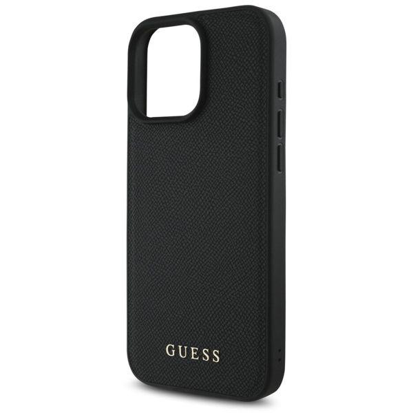 Guess Grained Back Cover MagSafe mit Flower Charm Strap für das iPhone 16 Pro - Schwarz