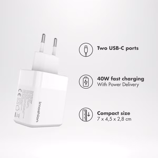 imoshion Wandladegerät - Ladegerät - 2x USB-C - Power Delivery - 40W - Weiß