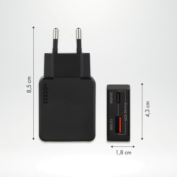 Accezz Ultra Slim GaN Ladegerät - USB-C + USB-A - 45 W - Schwarz