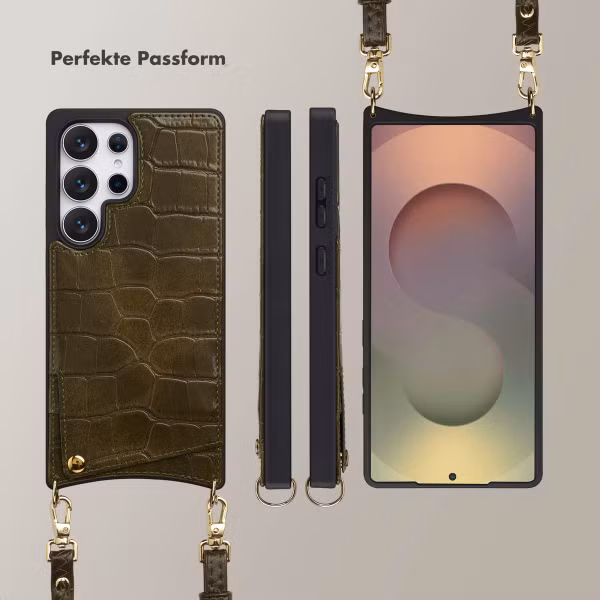 Selencia Nova Croco HandyHülle mit Kordel und Kartenhalter Samsung Galaxy S25 Ultra - Dark Olive
