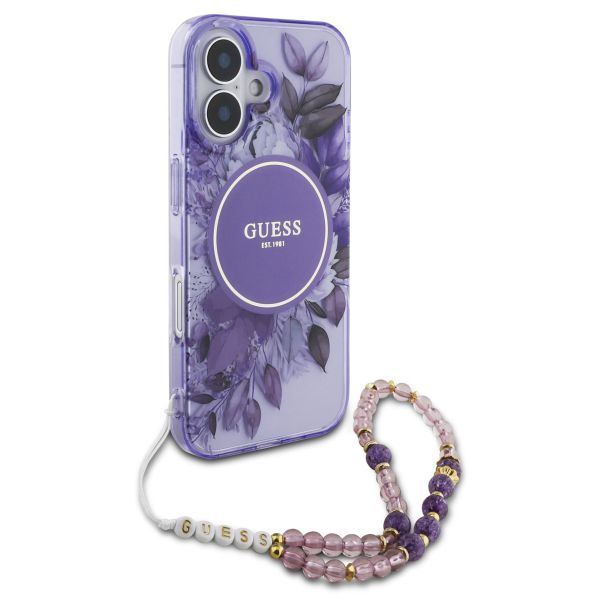 Guess MagSafe IML Flowers Case mit Beads Strap für das iPhone 16 - Purple