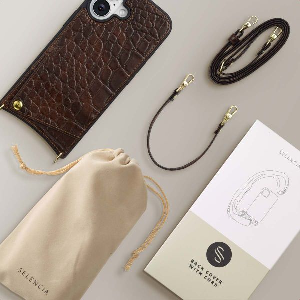 Selencia Nova Croco HandyHülle mit Kordel und Kartenhalter Apple iPhone 16 - Choco Brown