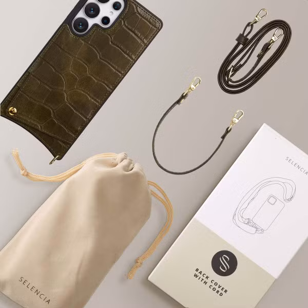 Selencia Nova Croco HandyHülle mit Kordel und Kartenhalter Samsung Galaxy S25 Ultra - Dark Olive