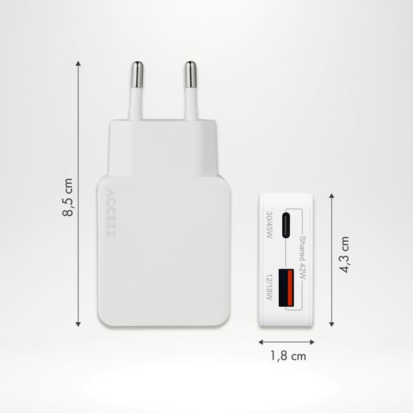 Accezz Ultra Slim GaN Ladegerät - USB-C + USB-A - 45 W - Weiß