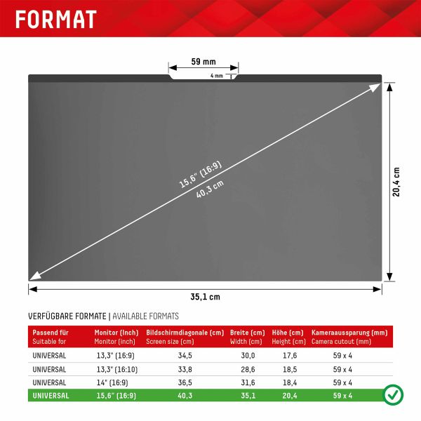 Displex Privacy Safe magnetische Bildschirmschutz für universelle Laptops mit 15,6 Zoll (16:9) Bildschirm